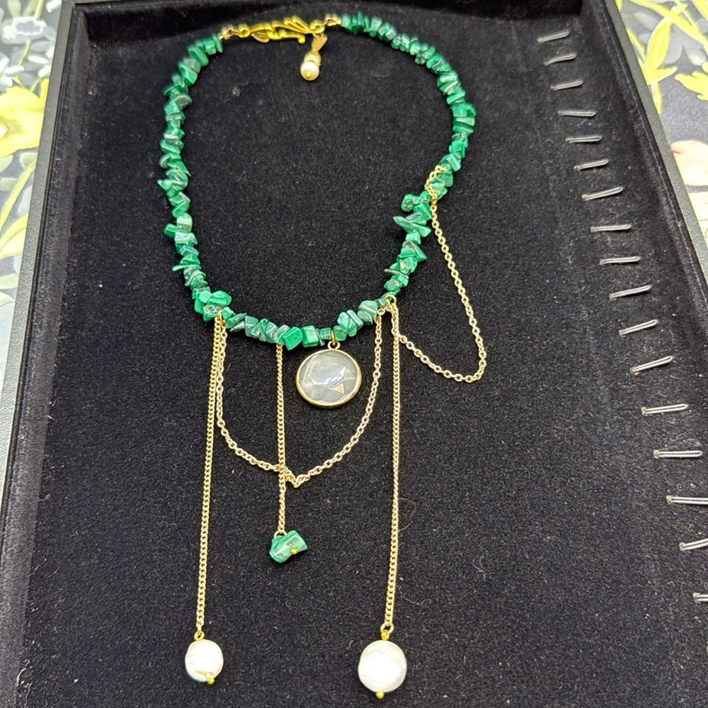Adorned Crown Jewelry assemblage malachite quartz pearl drop necklace