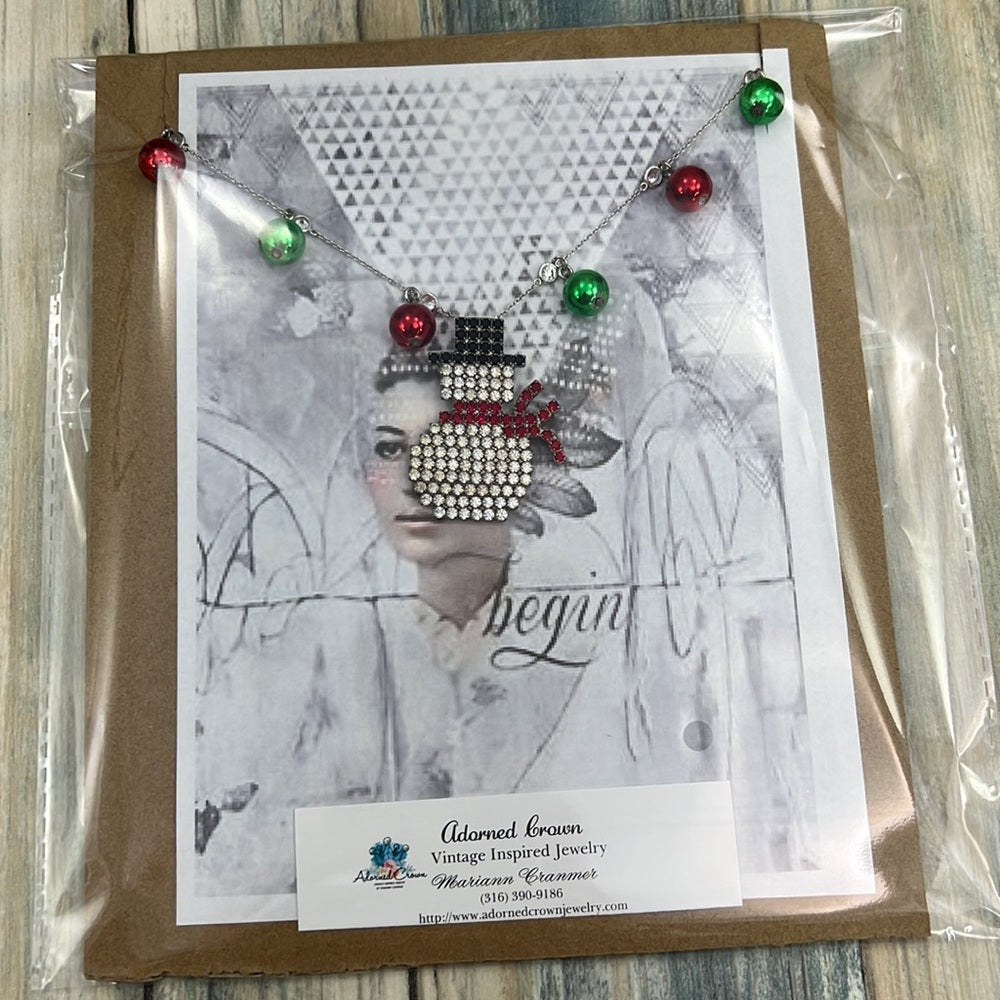 Adorned Crown artisan assemblage let it snow man rhinestone necklace