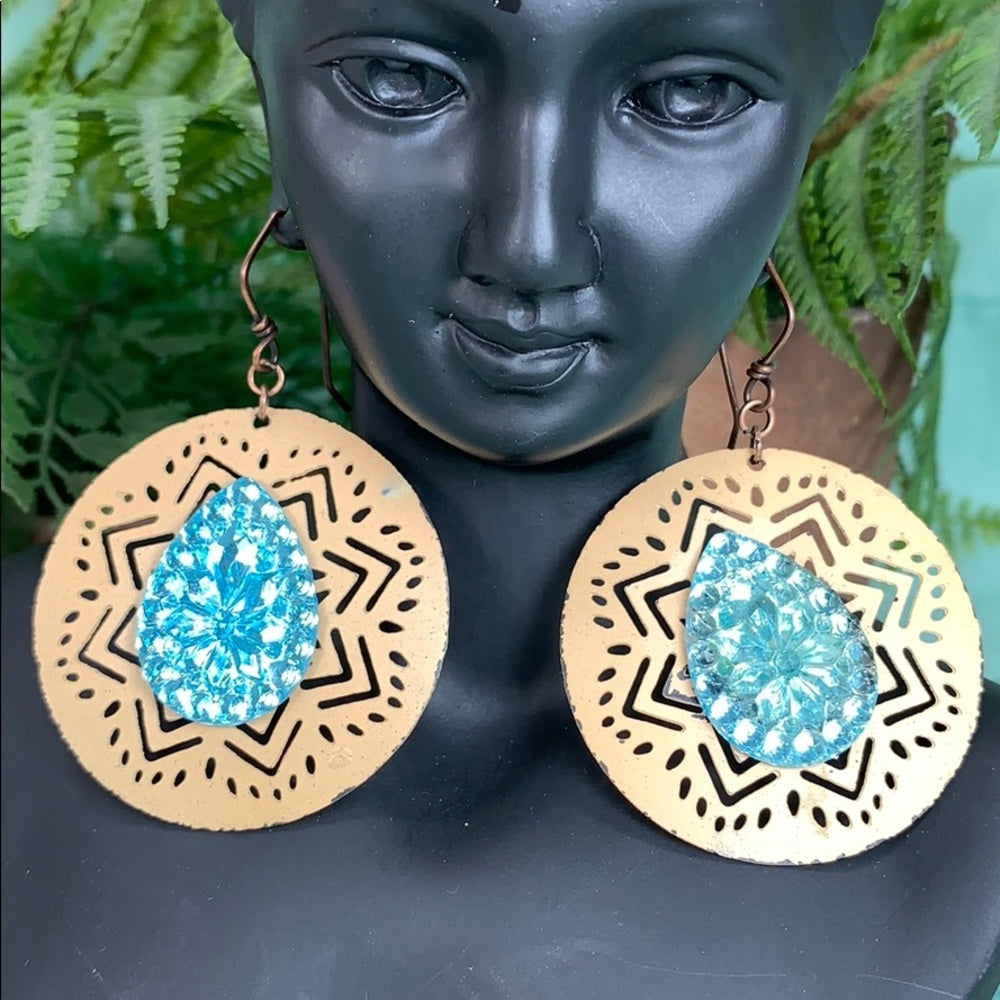 Adorned Crown assemblage boho Czech glass teal peach circle earrings