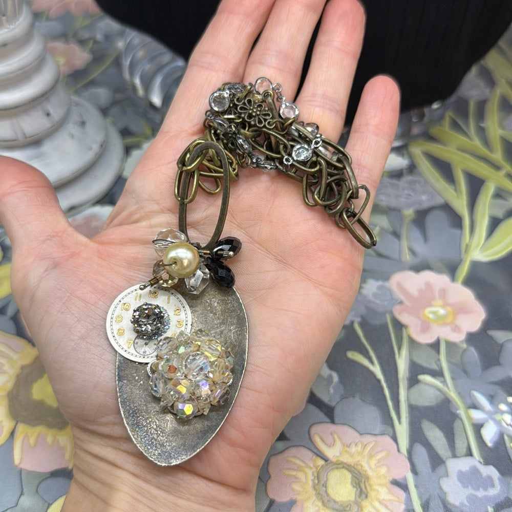 Adorned Crown Jewelry assemblage spoon watch face crystal cluster necklace