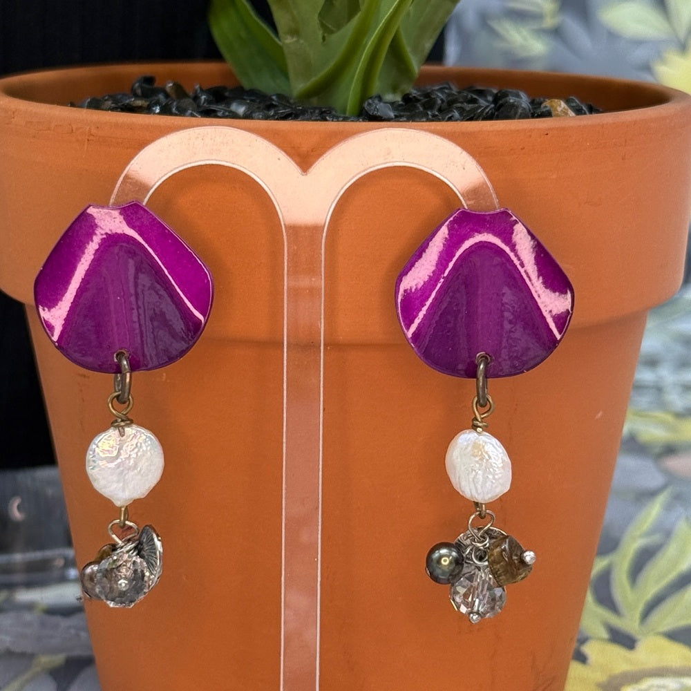 Adorned Crown Jewelry assemblage purple enamel post pearl bauble bead earrings