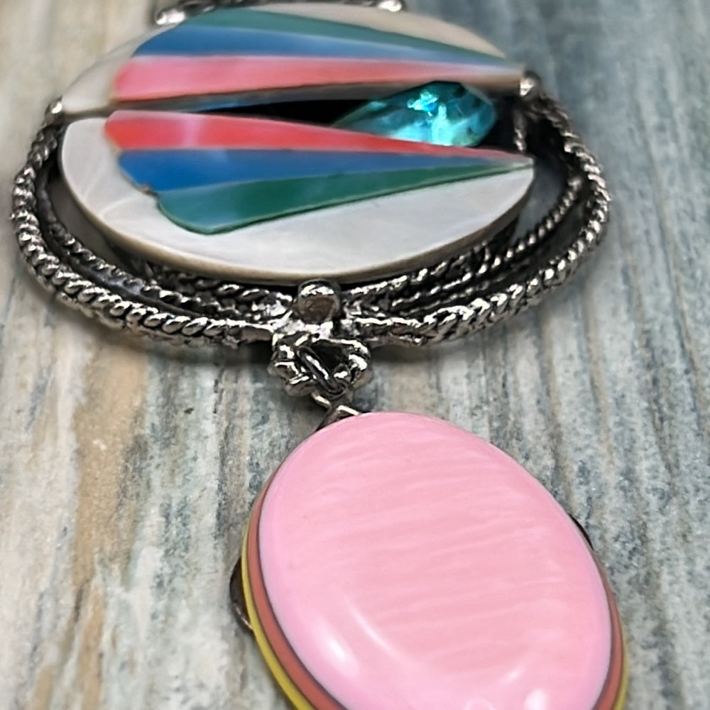 Adorned Crown Jewelry artisan assemblage pink drop shell fan necklace