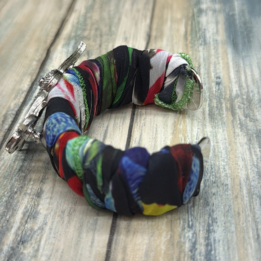 Adorned Crown Jewelry assemblage Hummingbird Multicolor Fabric cuff bracelet