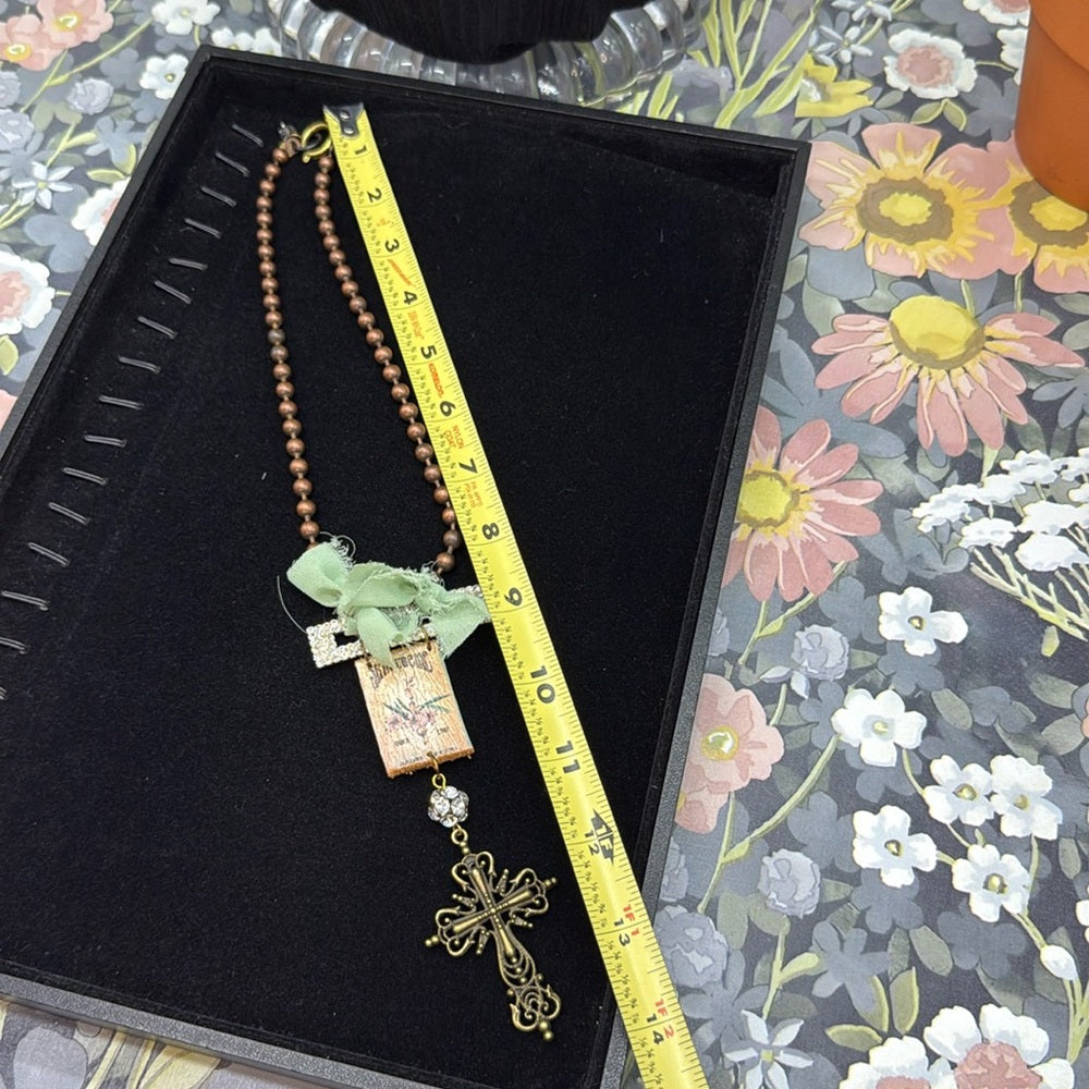 Adorned Crown Jewelry assemblage rhinestone leather ribbon cross necklace