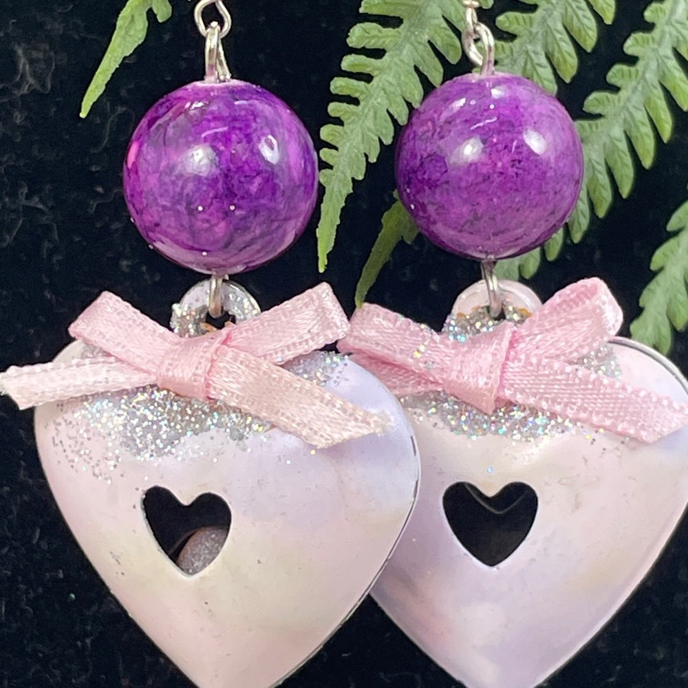 Adorned Crown enamel pink puffy heart bead earrings