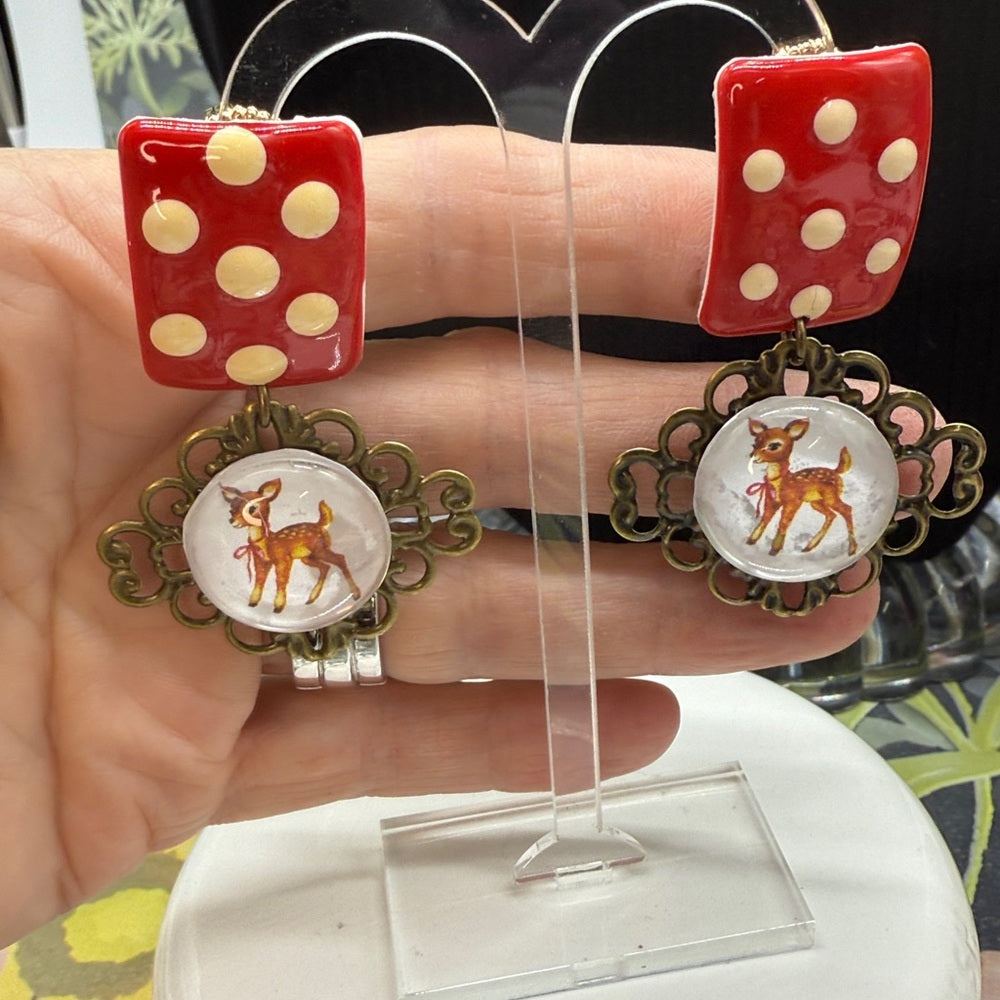 Adorned Crown Jewelry assemblage Christmas polka dot deer drop post earrings