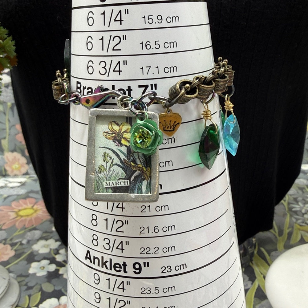 Adorned Crown Jewelry March glass heart bezel charm bracelet