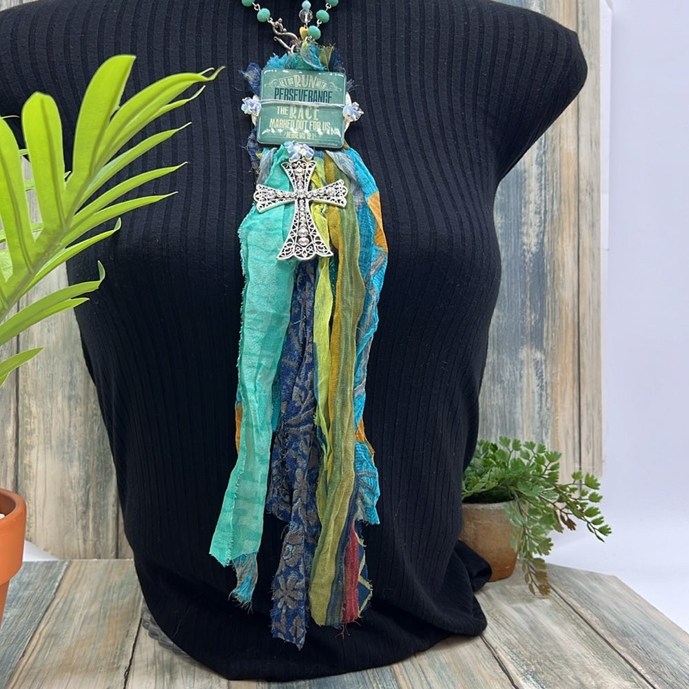 Adorned Crown Jewelry assemblage perseverance run race tassel cross necklace