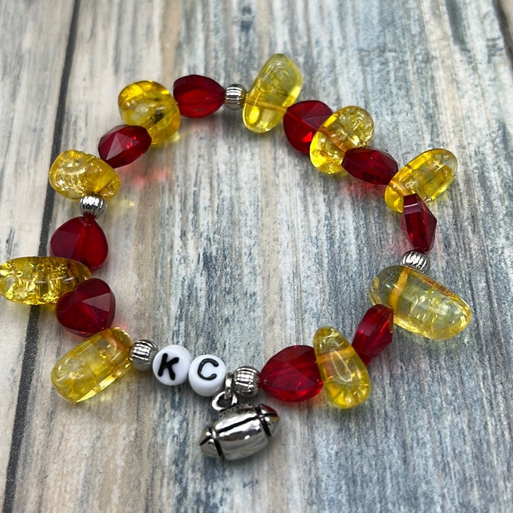 Adorned Crown Kansas City Chiefs KC football red gold stretch bracelet set F