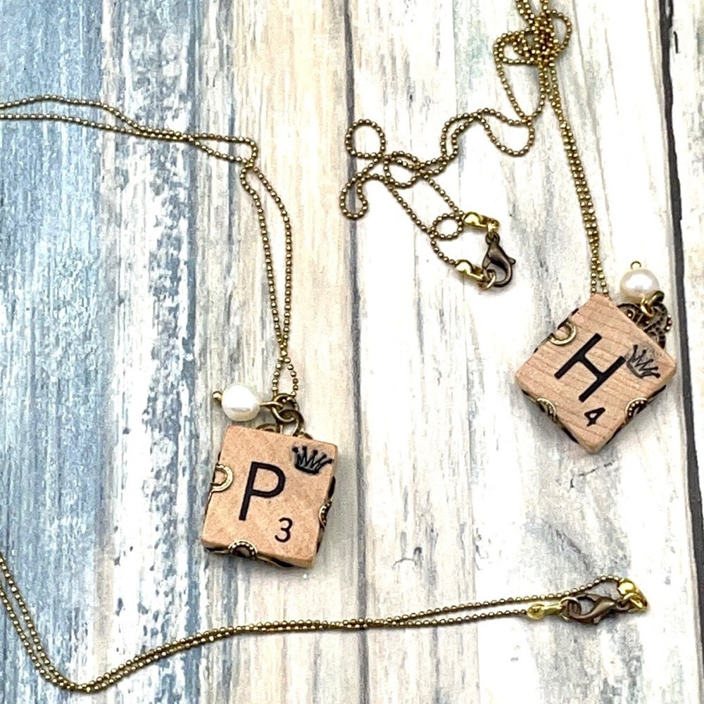 Adorned Crown scrabble tile initial Pearl necklace