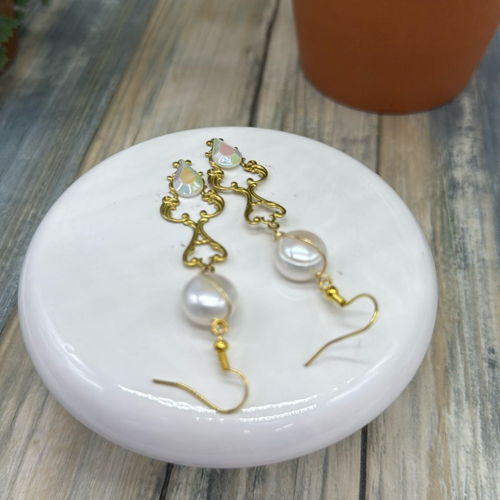 Adorned Crown Jewelry assemblage filigree Pearl Czech glass earrings
