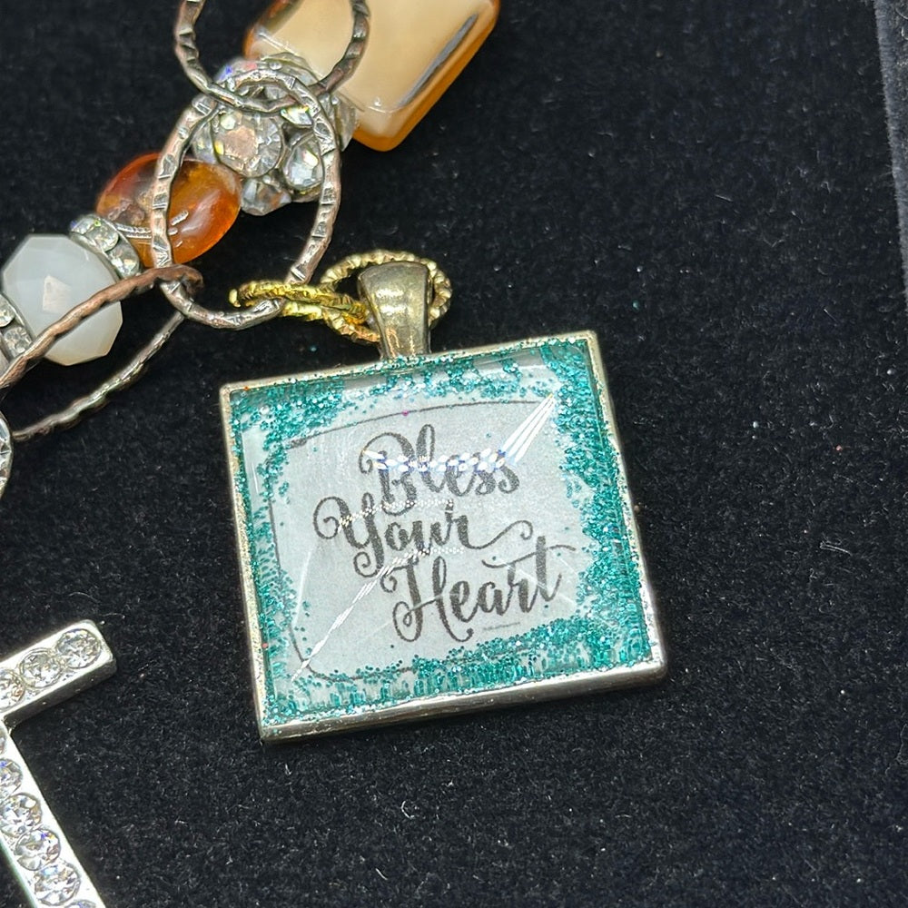 Adorned Crown Jewelry assemblage bless your heart rose locket charm necklace