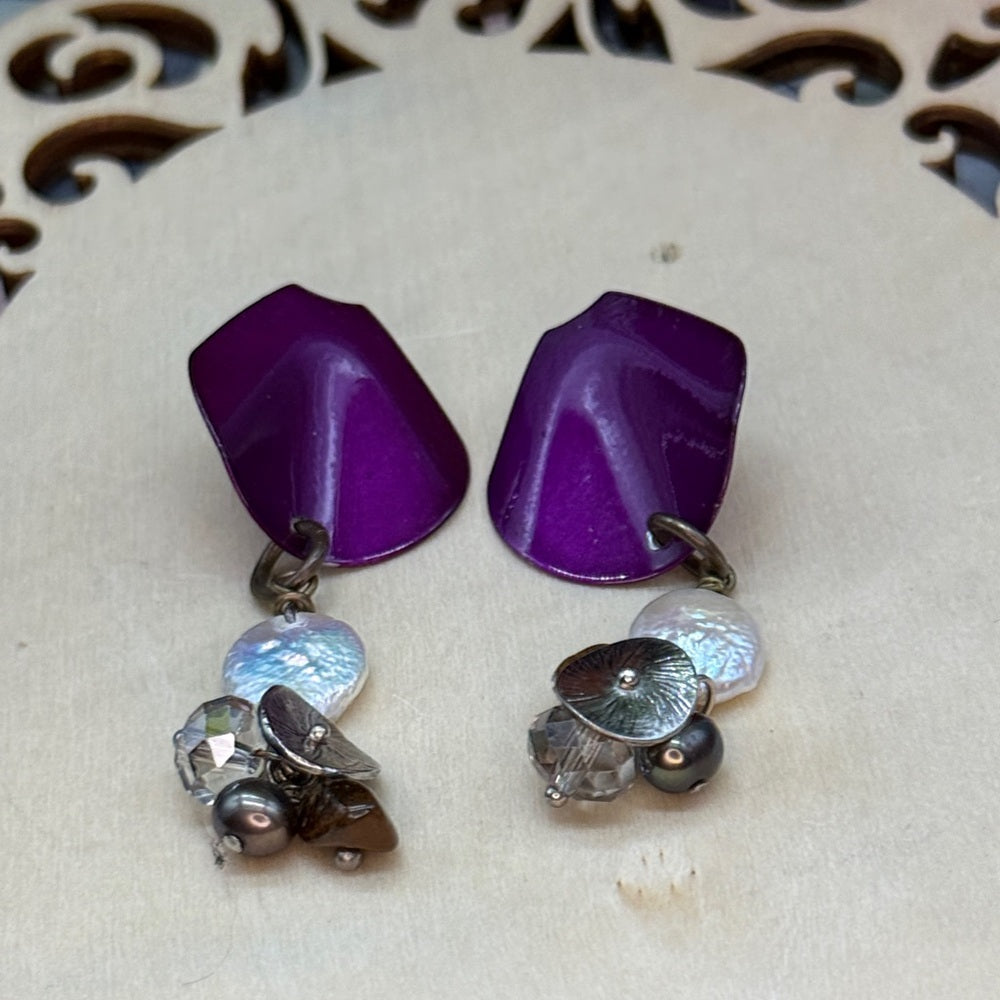 Adorned Crown Jewelry assemblage purple enamel post pearl bauble bead earrings
