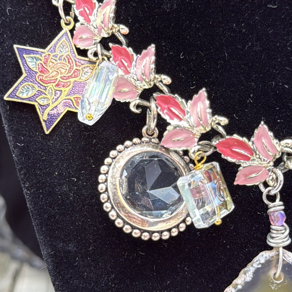 Adorned Crown Jewelry assemblage Floral Charm Pink Silver statement necklace