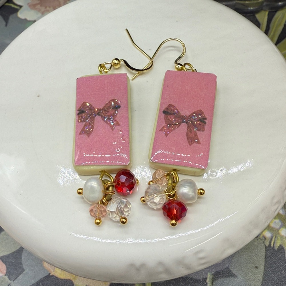 Adorned Crown Jewelry assemblage Christmas pink and red bow domino earrings
