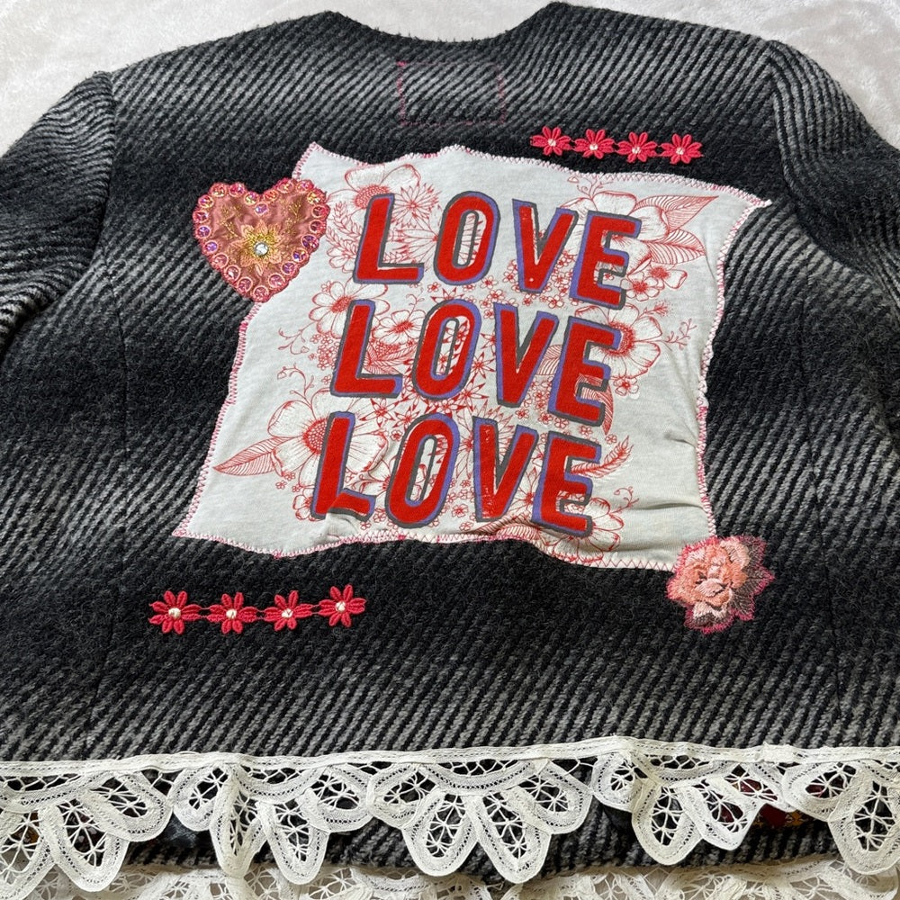 Adorned Crown Jewelry altered textile wool blend love love love jacket sz m/l