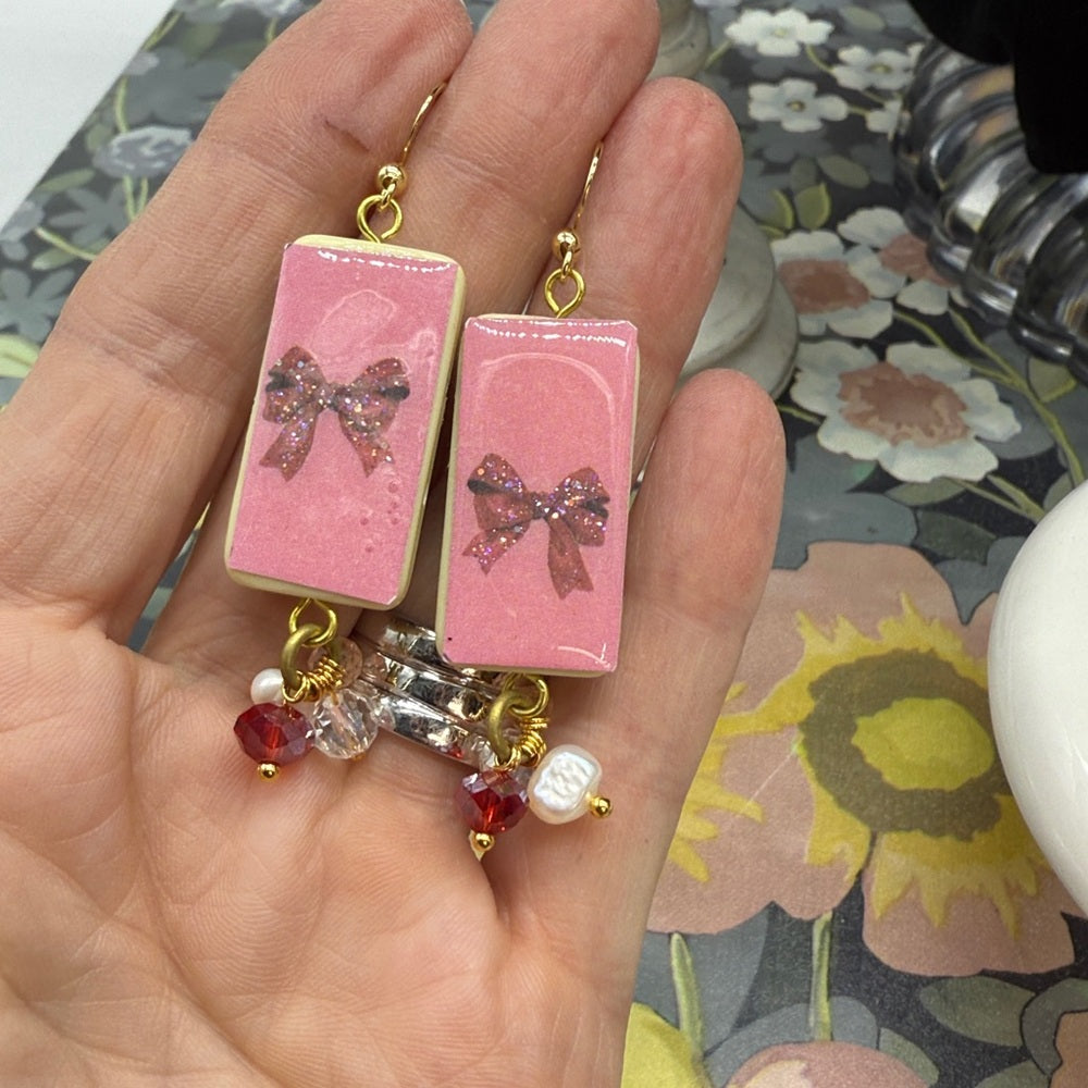 Adorned Crown Jewelry assemblage Christmas pink and red bow domino earrings