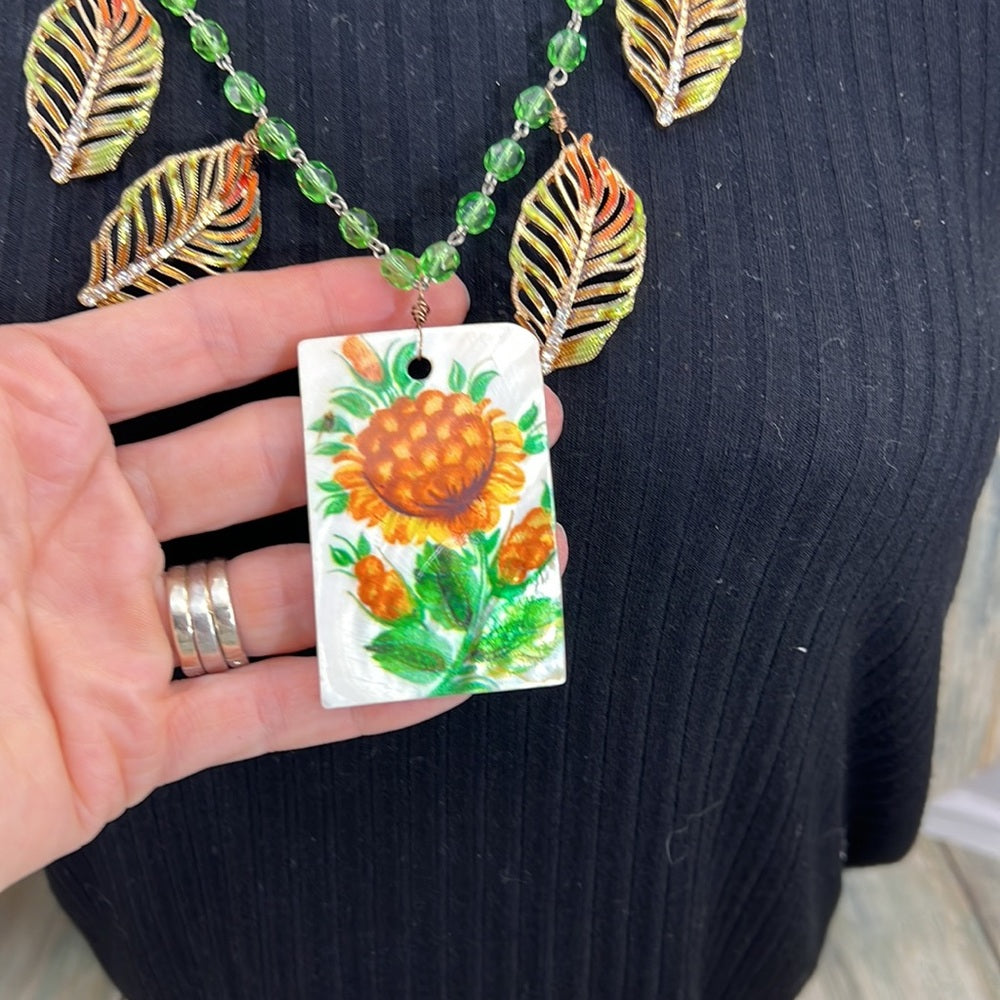 Adorned Crown Artisan Assemblage painted shell leaf autumn color necklace