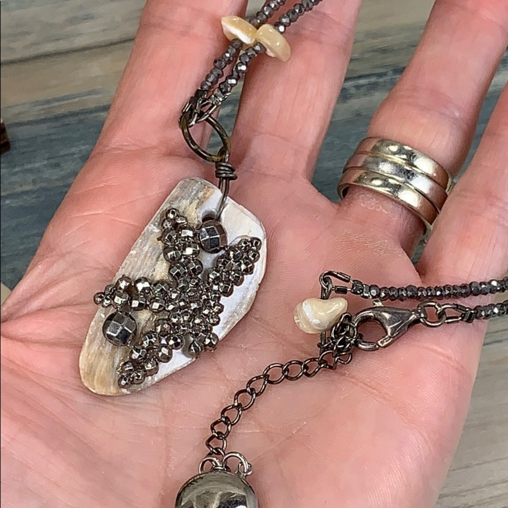 Adorned Crown artisan assemblage shell cut steel beaded minimal necklace