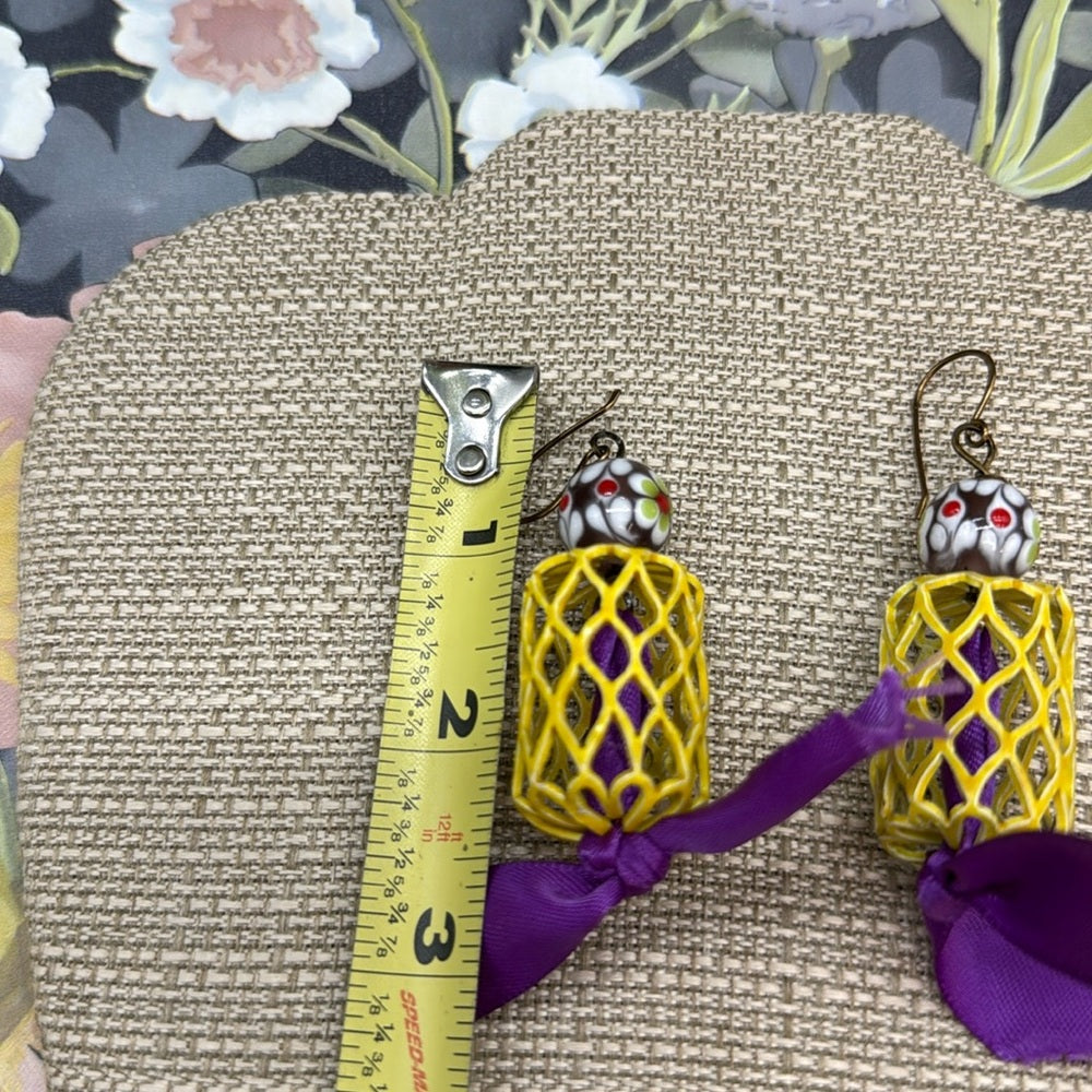 Adorned Crown Jewelry assemblage yellow cage lamp work glass purple earrings