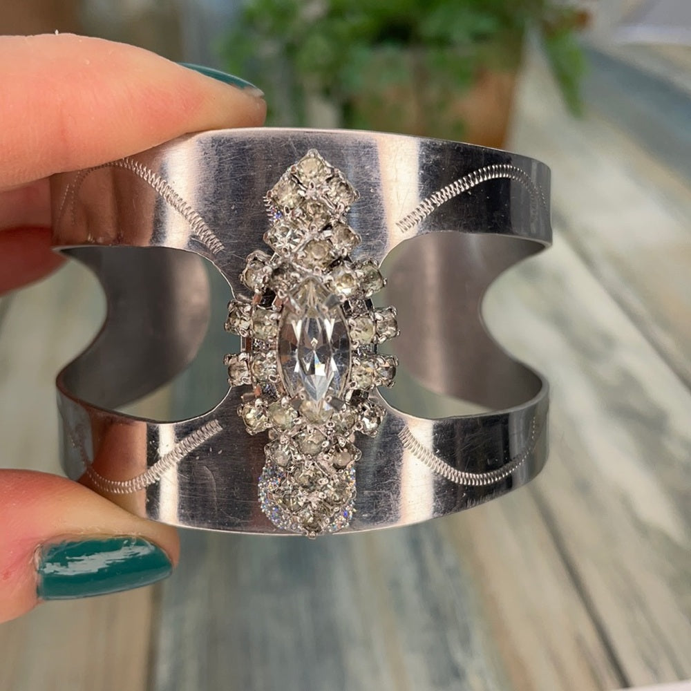 Adorned Crown artisan assemblage metal etched rhinestone cuff bracelet
