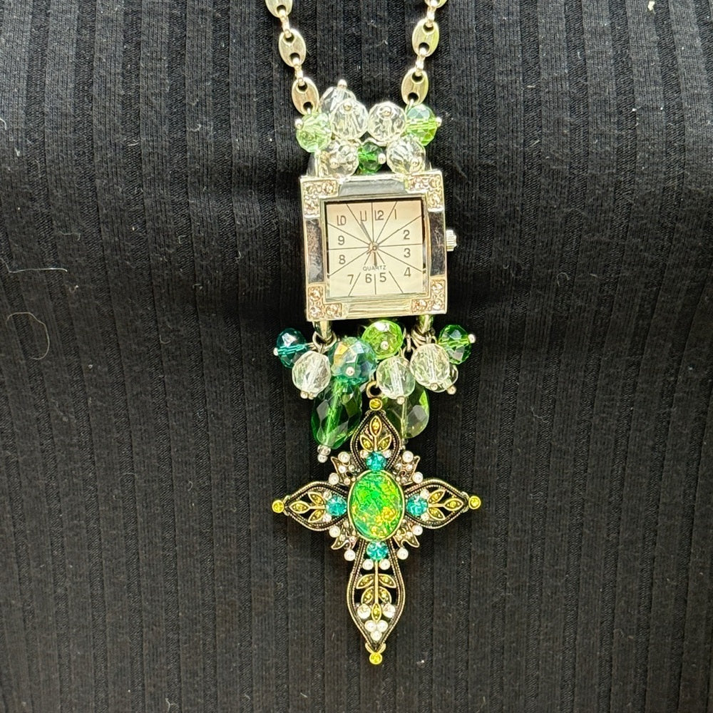 Adorned Crown Jewelry assemblage crystal glass bead watch cross green necklace