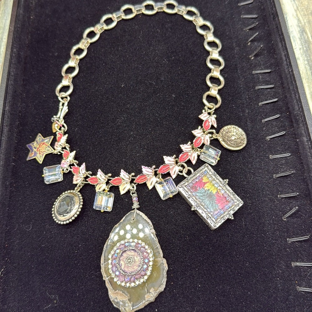 Adorned Crown Jewelry assemblage Floral Charm Pink Silver statement necklace