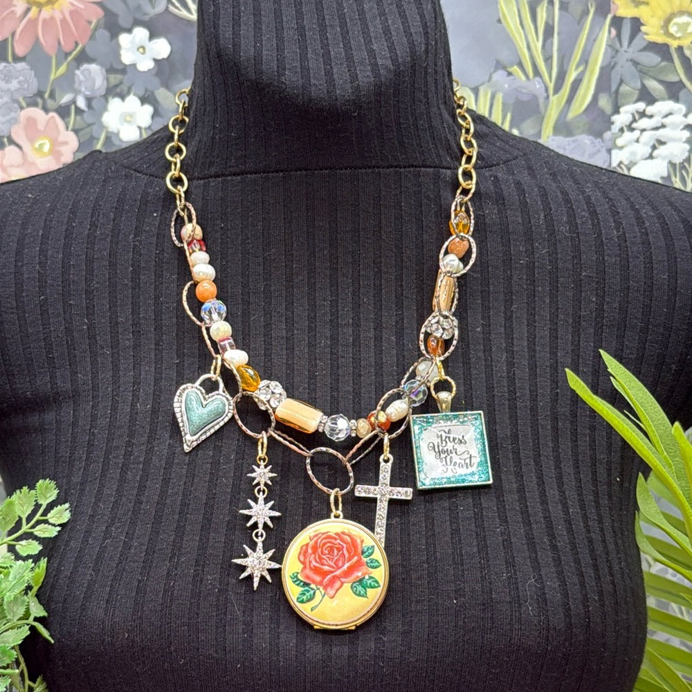 Adorned Crown Jewelry assemblage bless your heart rose locket charm necklace