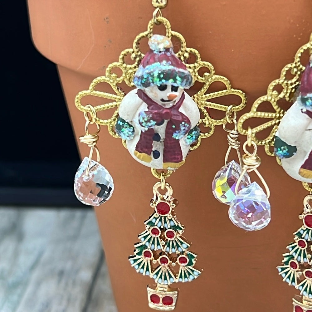 Adorned Crown Jewelry assemblage Christmas tree snowman statement earrings