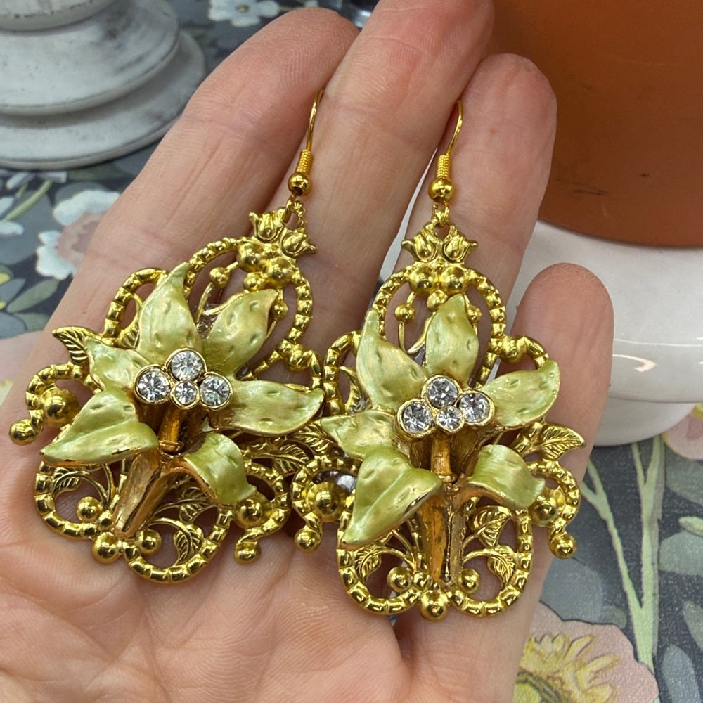 Adorned Crown Jewelry assemblage Lilies on filigree dangle earrings