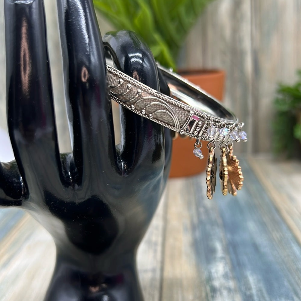 Adorned Crown Jewelry assemblage silver flower enamel charm bangle bracelet