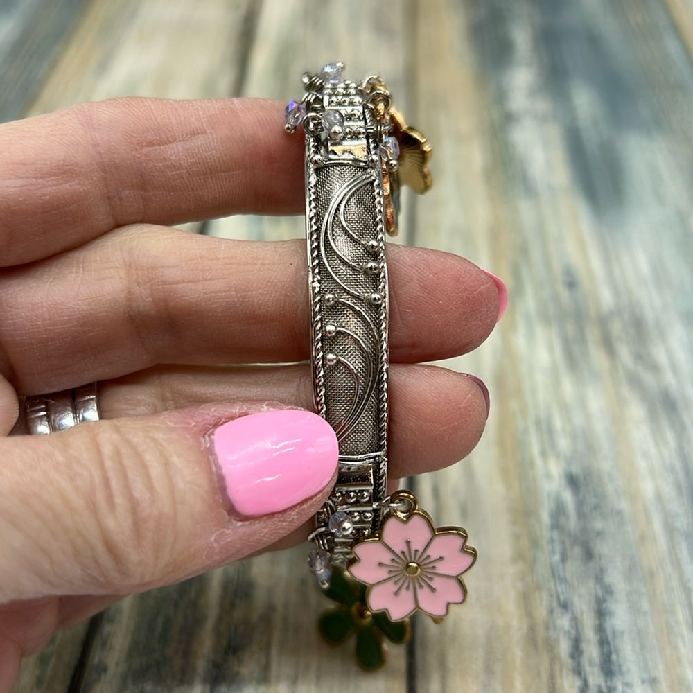 Adorned Crown Jewelry assemblage silver flower enamel charm bangle bracelet