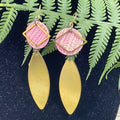 Adorned Crown leather disc brass drop earrings blush & diamond shape