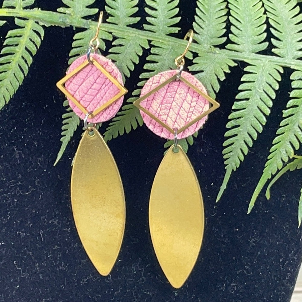 Adorned Crown leather disc brass drop earrings blush & diamond shape