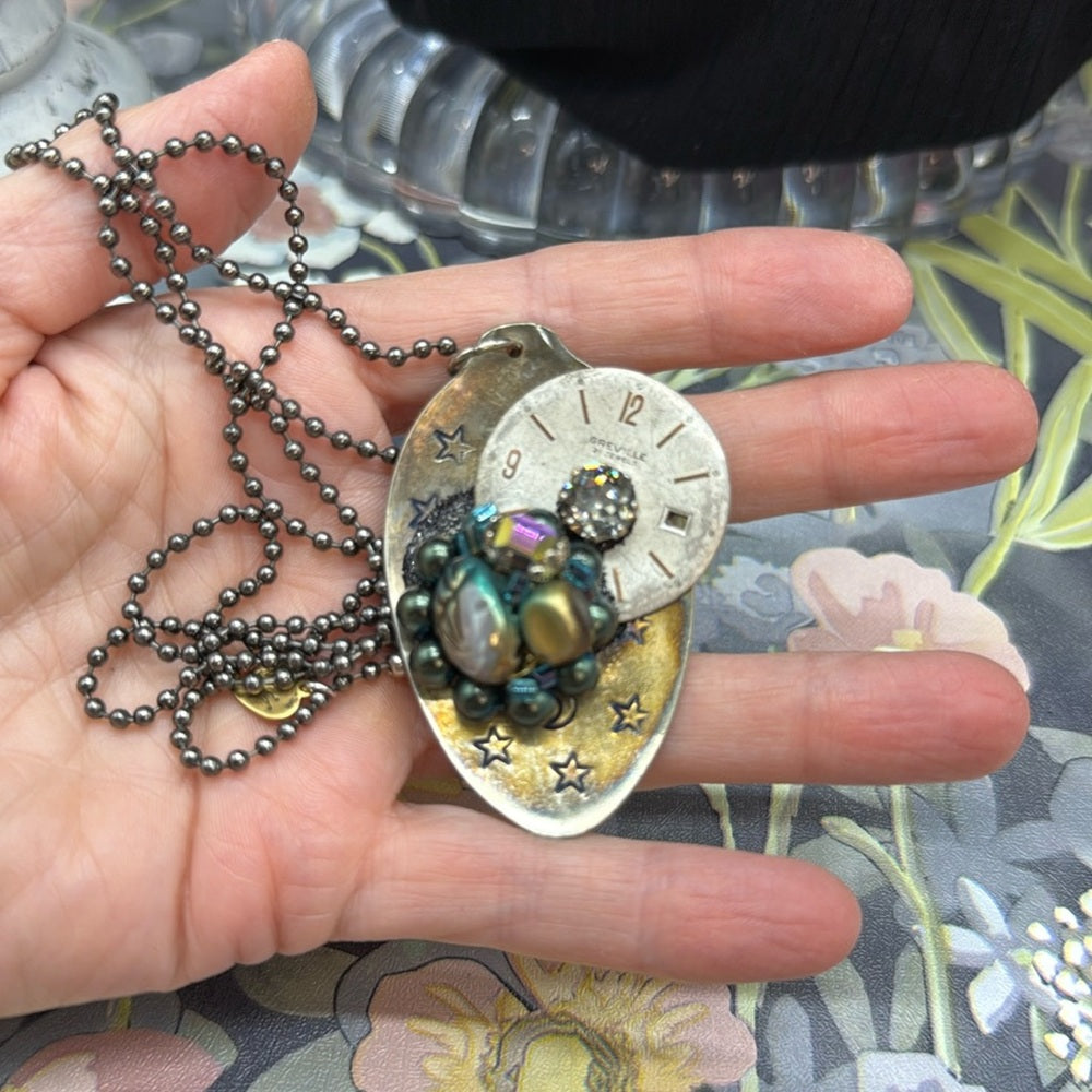 Adorned Crown Jewelry assemblage spoon watch face stars cluster long necklace