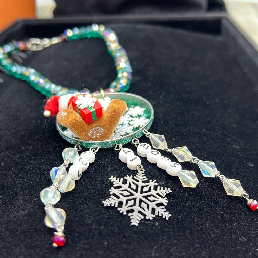 Adorned Crown Jewelry assemblage Christmas let it snow teddy bear necklace