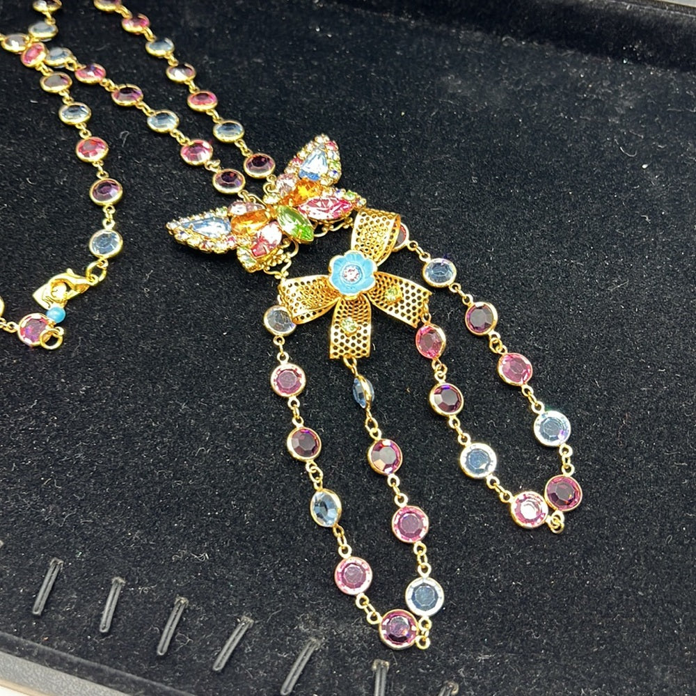 Adorned Crown Jewelry rhinestone butterfly enamel bow pastel chain necklace