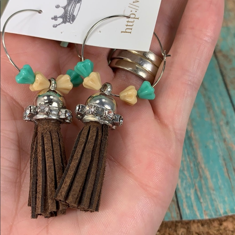 Adorned Crown assemblage leather tassel hoop lightweight boho earrings