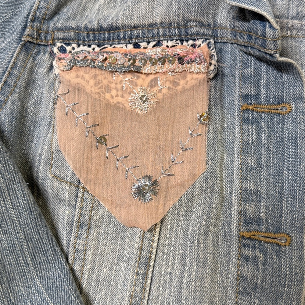 Adorned Crown Jewelry and textiles altered velvet heart denim jacket size med