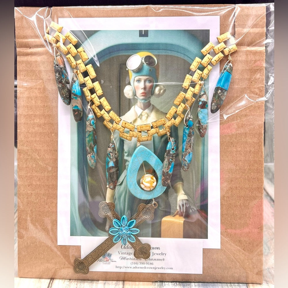 Adorned Crown Jewelry artisan assemblage enamel turquoise cross necklace