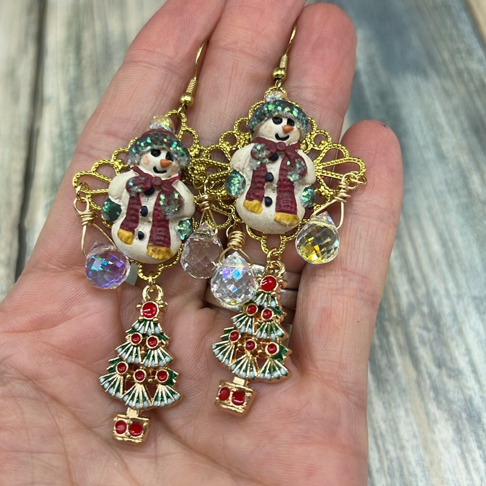 Adorned Crown Jewelry assemblage Christmas tree snowman statement earrings