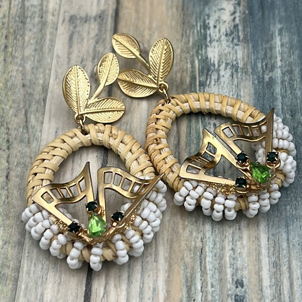 Adorned Crown Artisan Assemblage woven oval green detail leaf post earrings