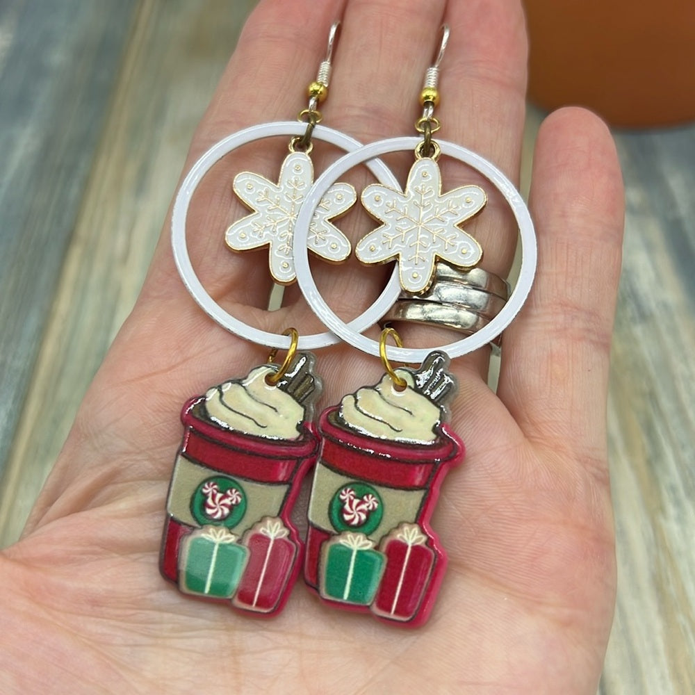 Adorned Crown Jewelry assemblage Christmas snowflake drink earrings