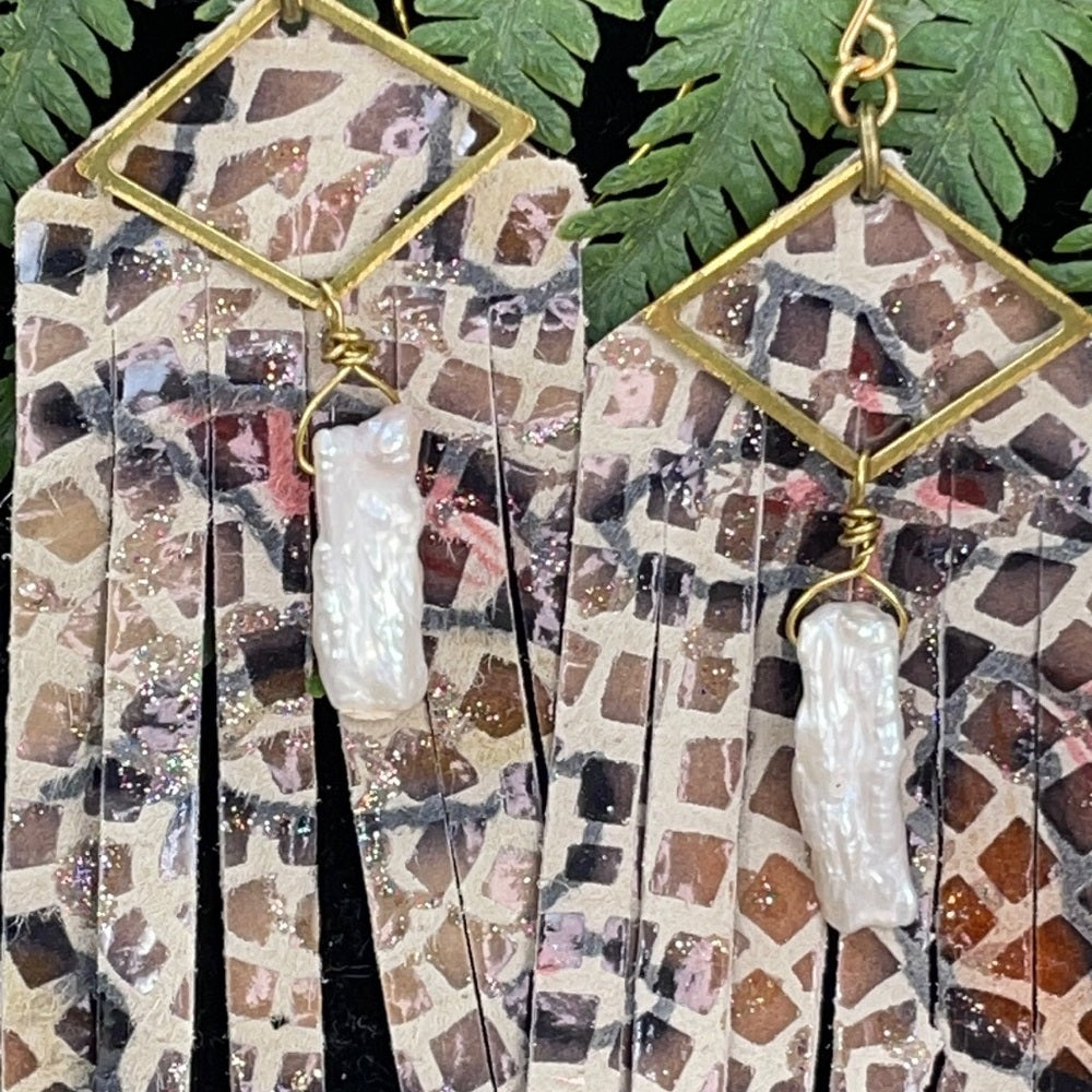 Adorned Crown brass leather animal print fringe pearl drop earrings