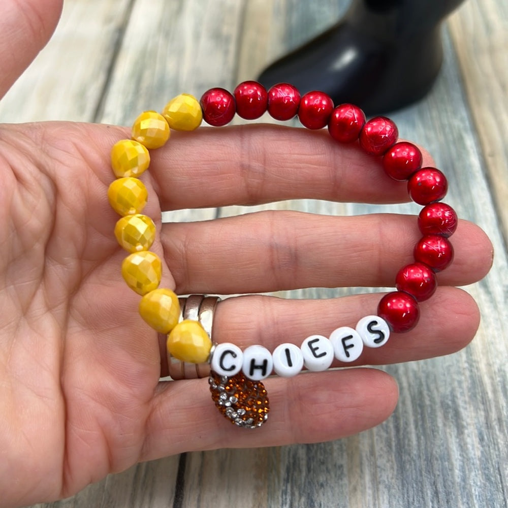 Adorned Crown Kansas City Chiefs KC football red gold stretch bracelet set E
