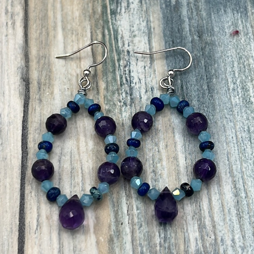 Adorned Crown Artisan Assemblage amethyst jasper blue crystal hoop earrings