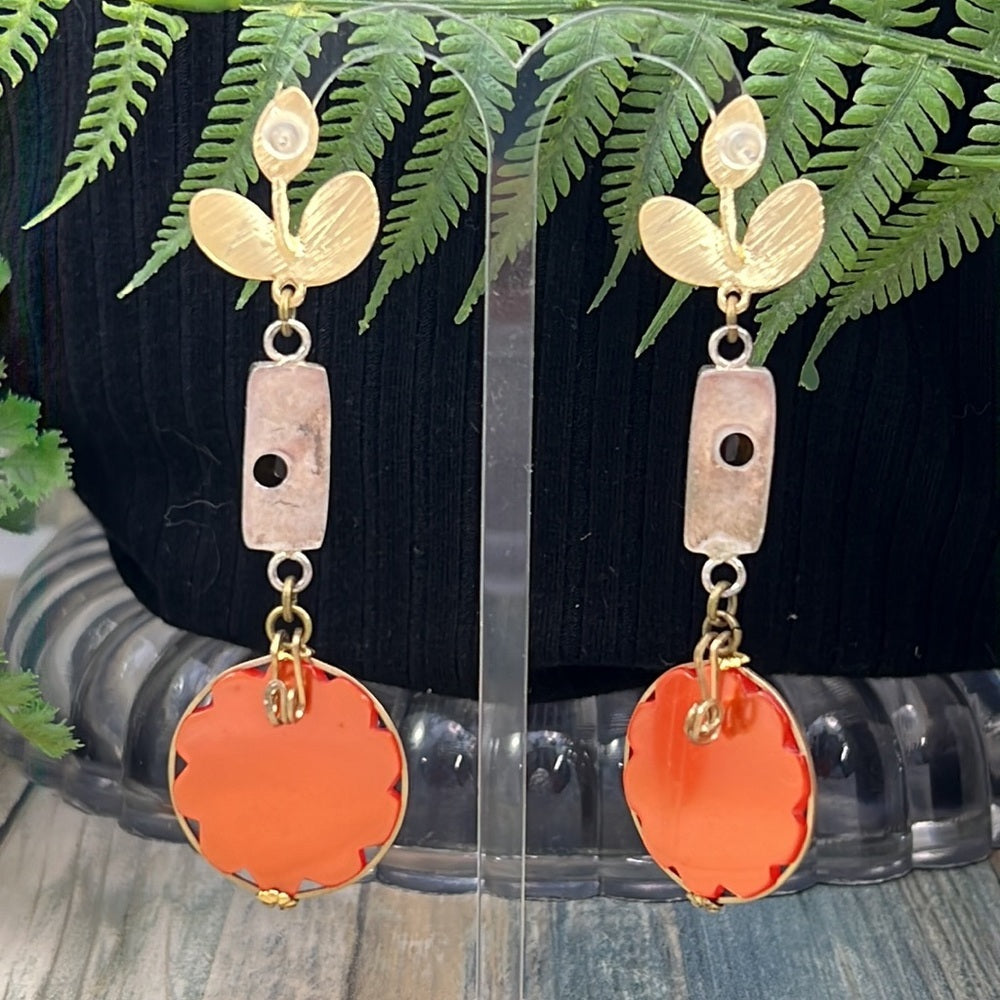 Adorned Crown Artisan Assemblage lucite button topaz gold leaf earrings