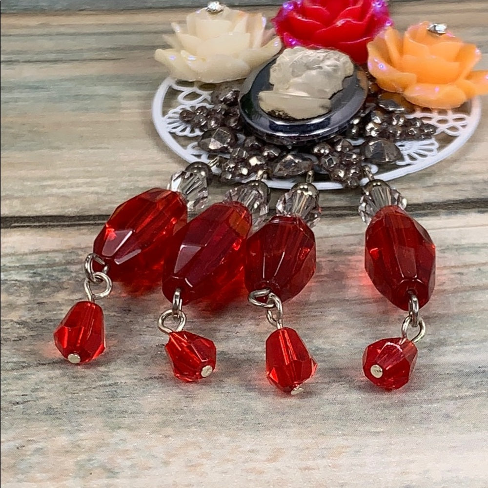 Adorned Crown artisan assemblage red cameo cluster crystal necklace