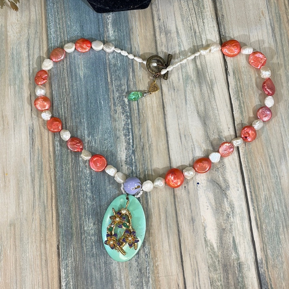 Adorned Crown Artisan assemblage necklace genuine pearls enamel flower