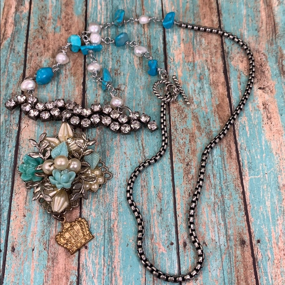 Adorned Crown artisan assemblage teal rhinestone cluster necklace